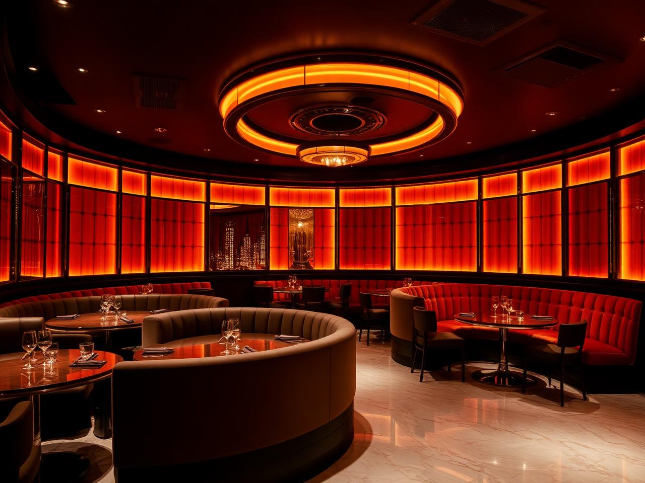 Halo Club Hamburg refined upscale nightclub interior with dramatic warm amber LED lighting, elegant velvet booth seating and polished marble dance floor