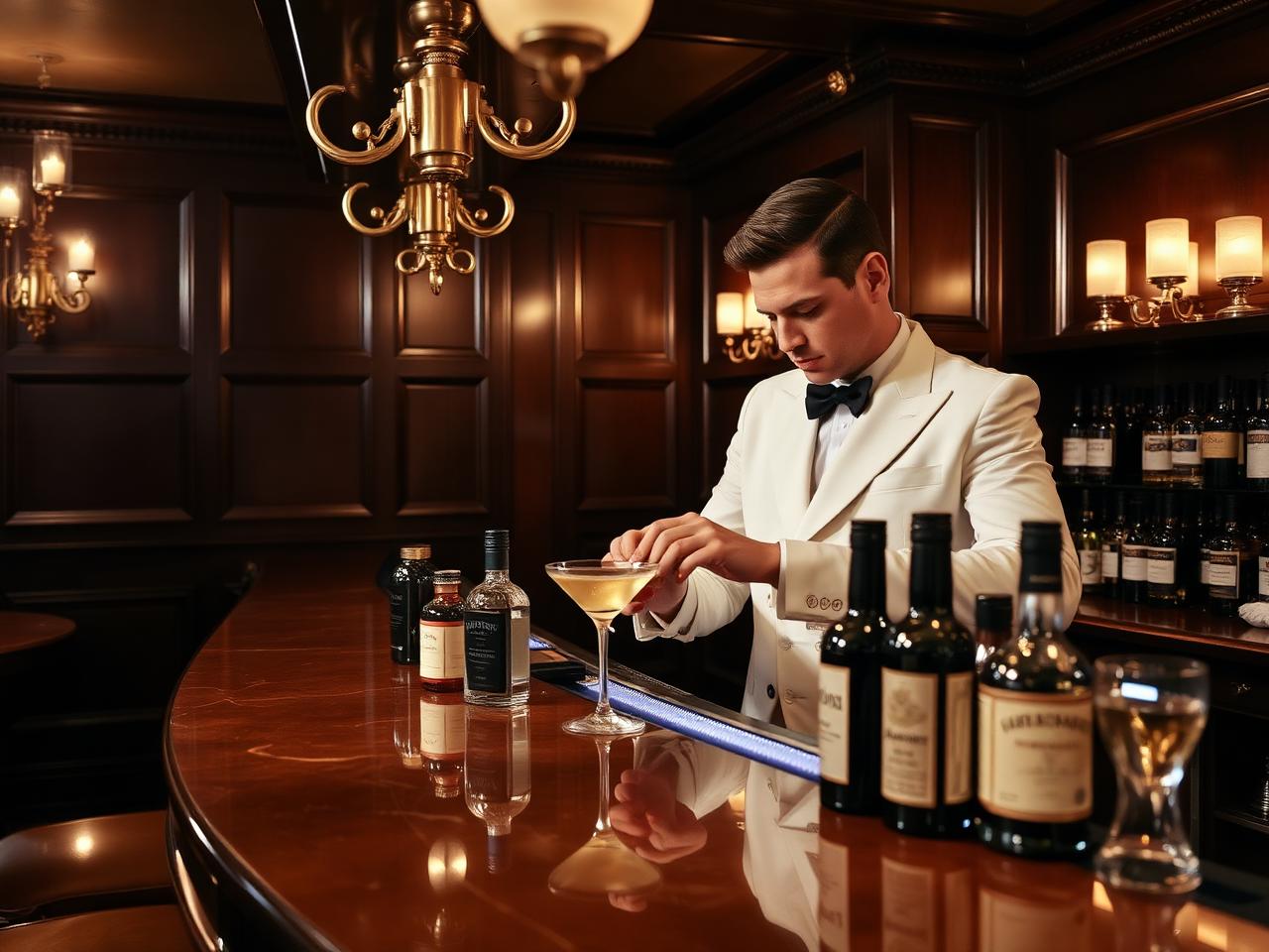 Le Lion bar Hamburg refined classical cocktail bar with dark wood paneling, brass fixtures and white-jacketed bartender mixing a martini