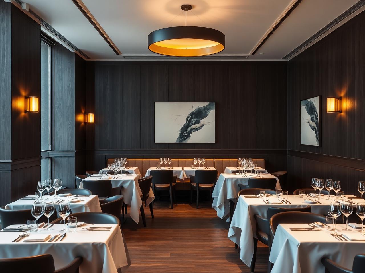 The Table Kevin Fehling restaurant Hamburg HafenCity refined three Michelin star fine dining interior with dark wood paneling and warm pendant lighting
