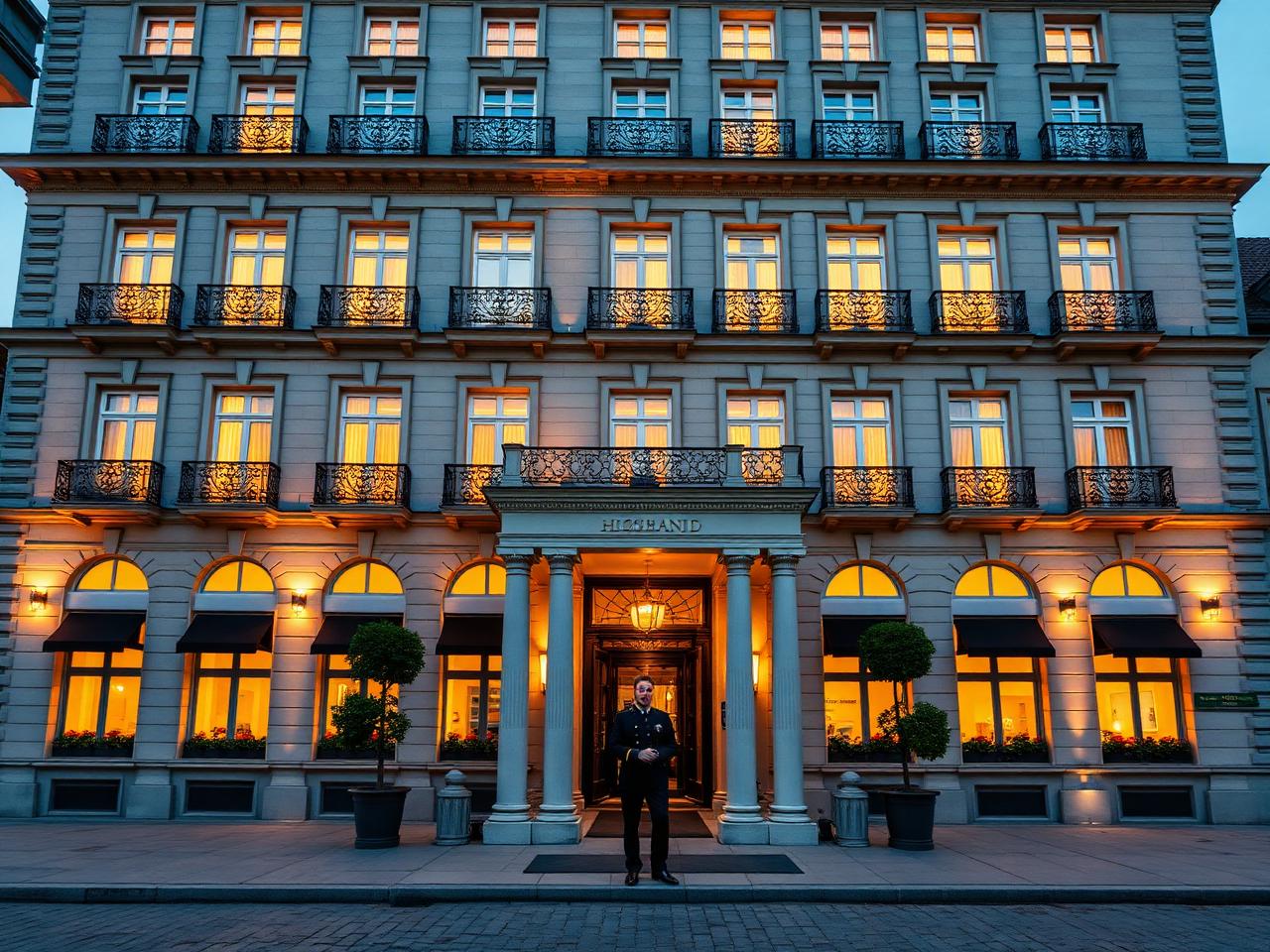 Hotel Vier Jahreszeiten Hamburg grand classical luxury hotel facade at dusk on the Binnenalster lake