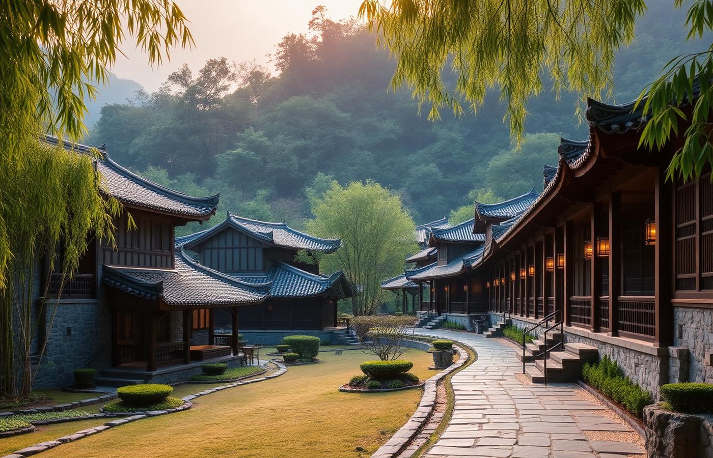 Amanfayun resort Hangzhou facade at golden hour with restored ancient stone-and-wood village pavilions in a bamboo forest valley near Lingyin Temple