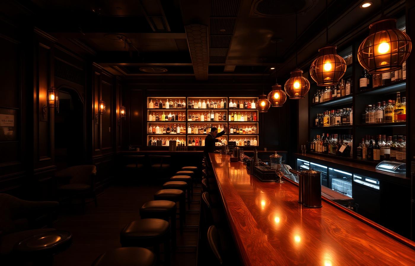 A refined Hangzhou speakeasy cocktail bar with dark walnut bar, backlit bottle wall, leather stools, brass lamps and a single bartender pouring