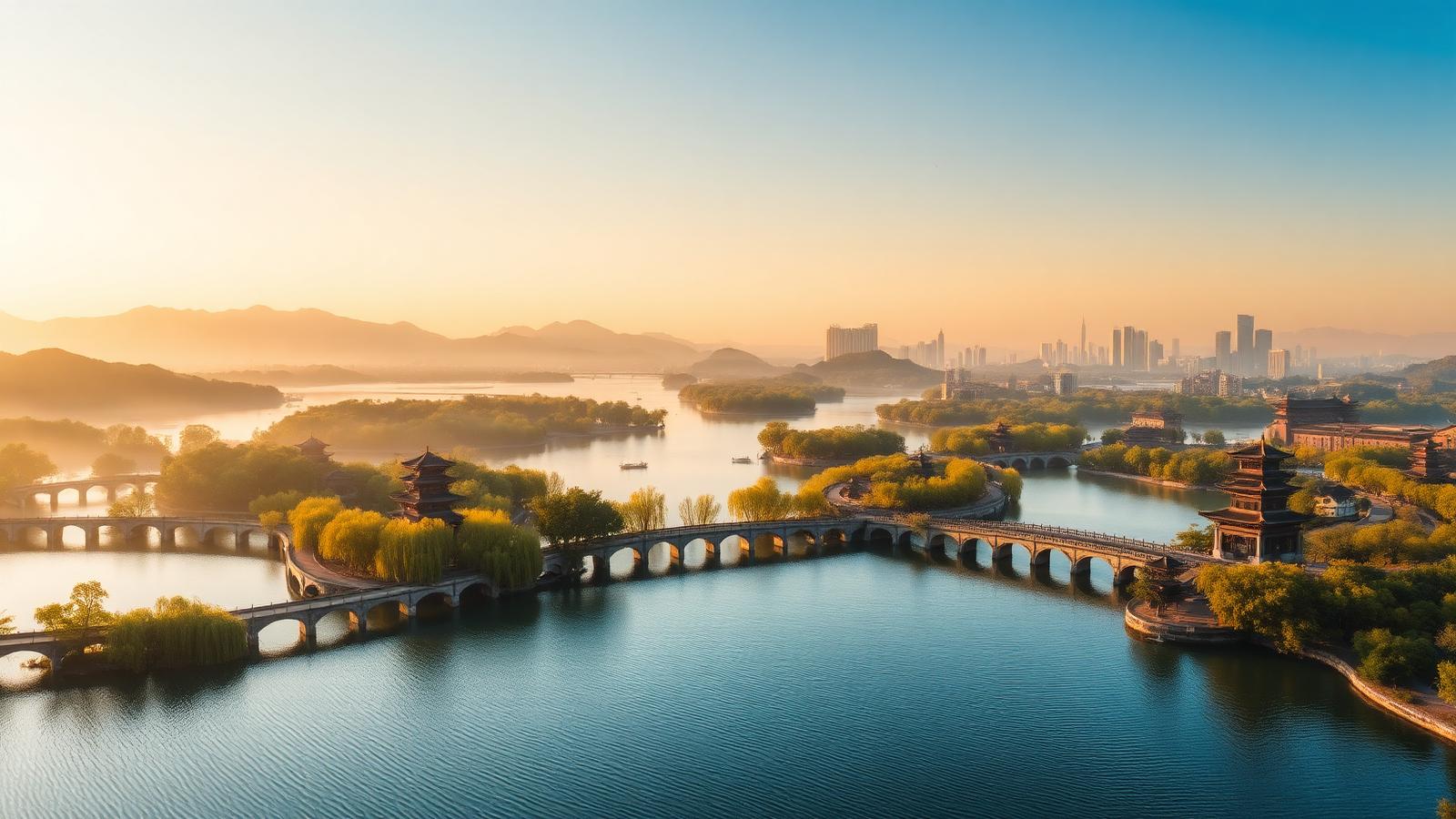 Panoramic aerial morning view of West Lake Hangzhou at golden hour, pagodas, arched bridges, willow-lined causeways and misted hills