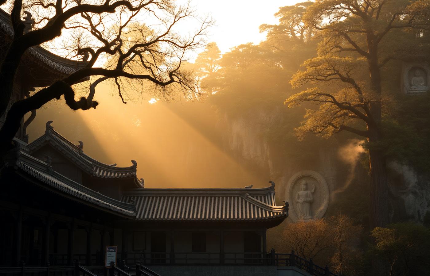 Lingyin Temple Hangzhou at golden hour, ancient Buddhist architecture with sweeping eaves, stone Buddha carvings on Feilai Feng cliffs, incense smoke and towering trees