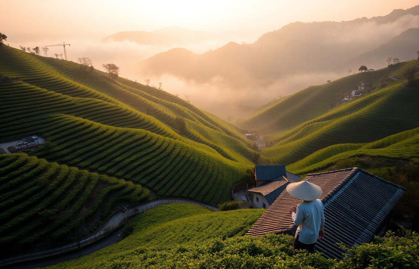 Longjing tea village Hangzhou at golden hour, terraced green tea fields on misted hills, a whitewashed village and a tea picker in a conical hat