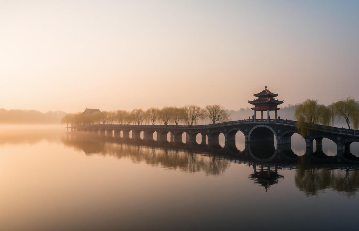 West Lake Hangzhou at first light, mist rising over still water, the Su Causeway lined with willows and the Leifeng Pagoda in distance