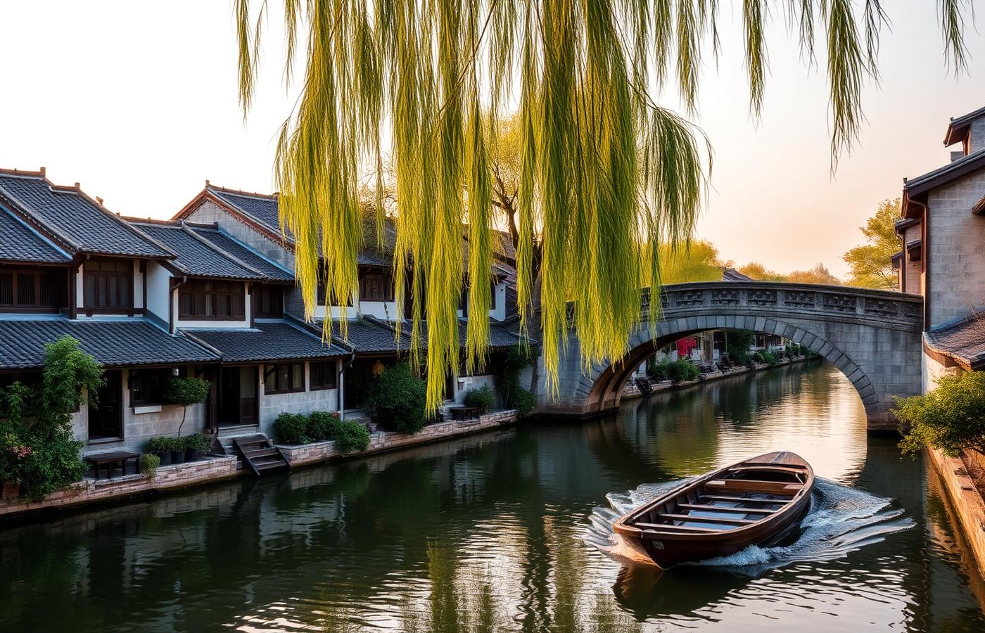 Wuzhen water town near Hangzhou at golden hour, traditional Jiangnan canal houses, an arched stone bridge and a wooden boat under willows