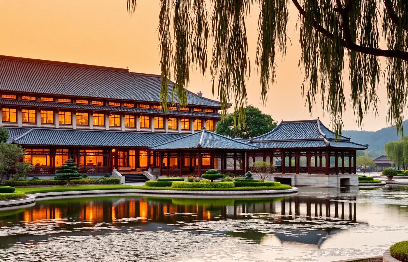 Four Seasons Hotel Hangzhou at West Lake facade at golden hour with traditional Jiangnan grey-tile pavilions set in landscaped gardens with reflecting ponds and willows