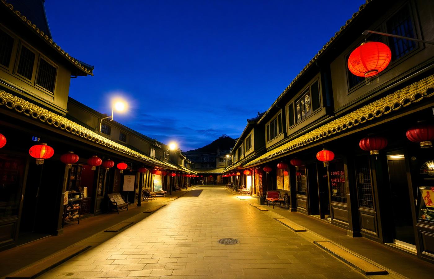 Hefang Street old town Hangzhou at night with restored Ming-Qing wooden shopfronts, red lanterns glowing under tiled eaves and stone pavement reflecting warm light