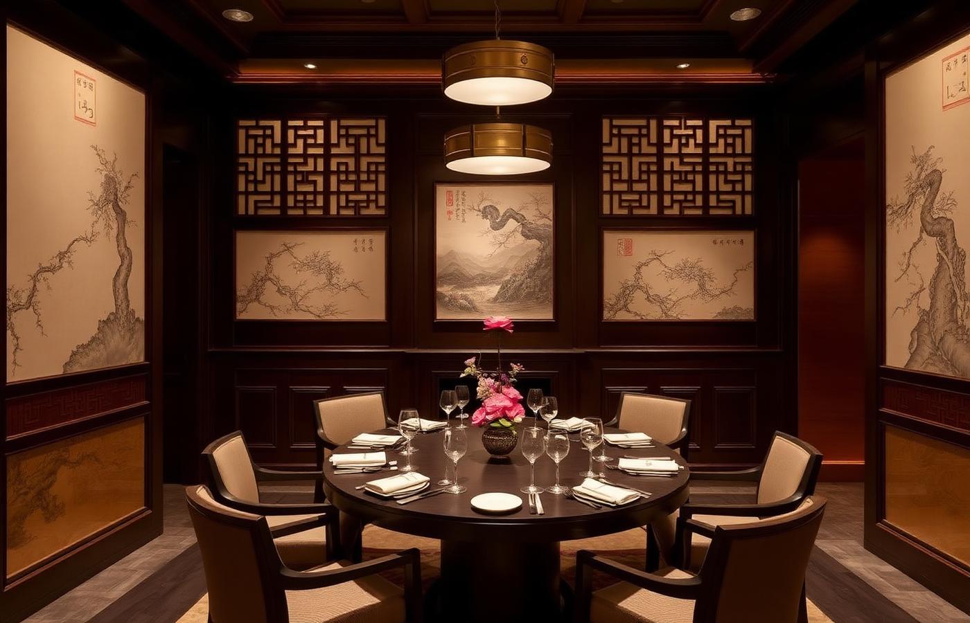 Jin Sha refined Hangzhou cuisine restaurant interior at Four Seasons Hotel Hangzhou at West Lake, dark stained wood, Jiangnan ink-wash screens, brass pendant lamps and warm cinematic amber light