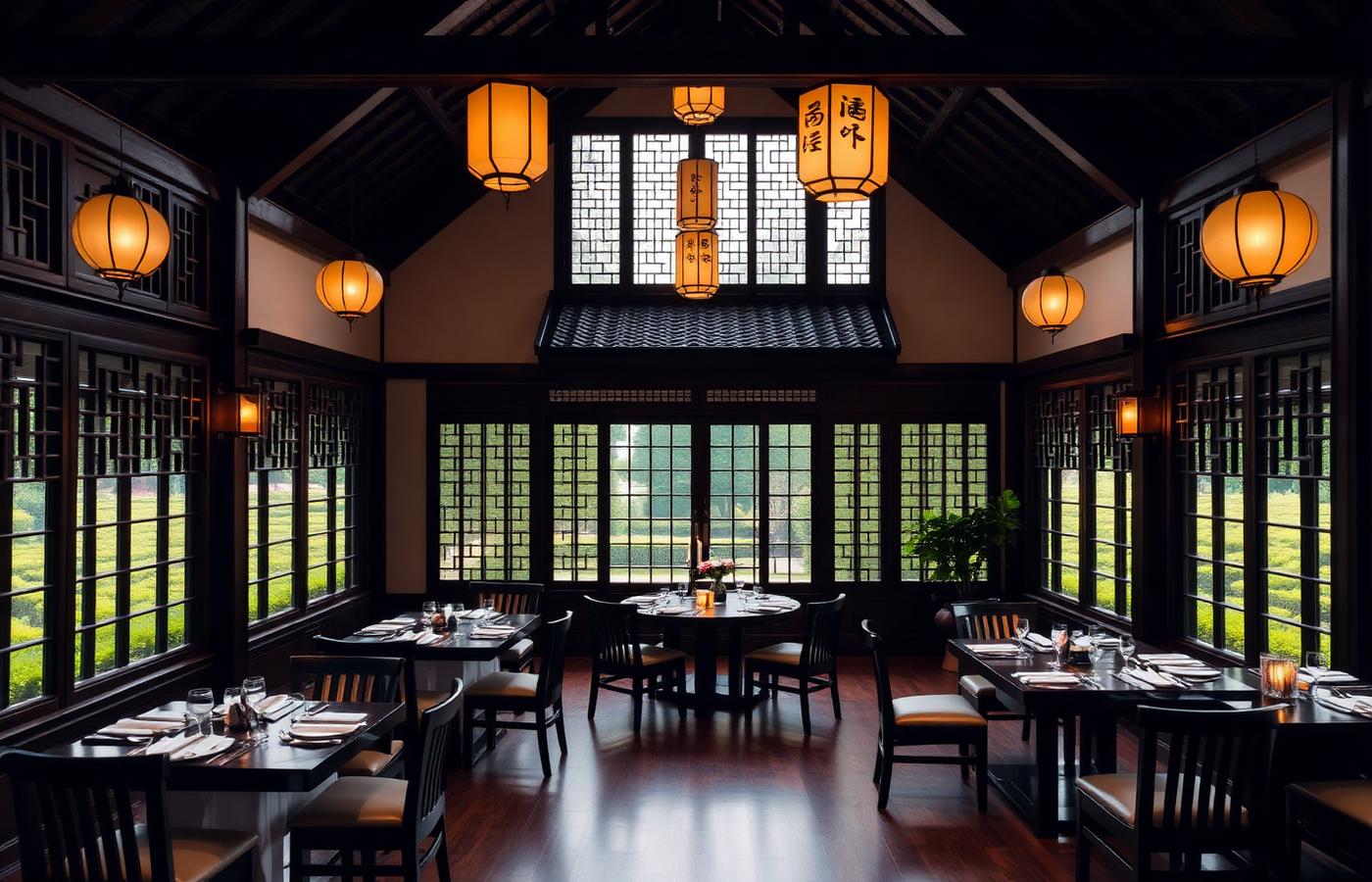 Long Jing Manor restaurant in a traditional whitewashed pavilion surrounded by Longjing tea fields, dark wood interior with garden views, paper lanterns and warm amber light