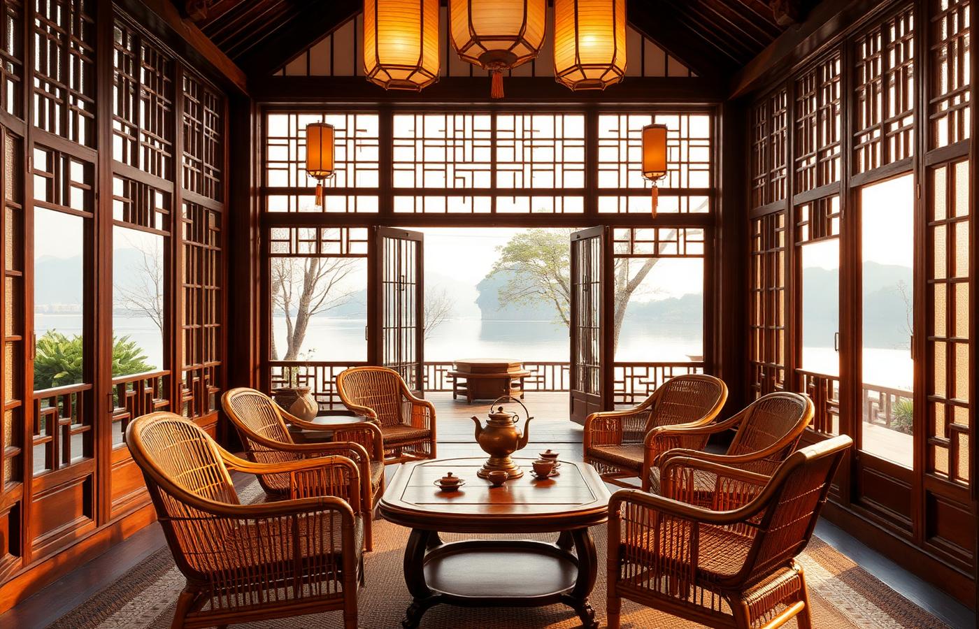 An elegant Hangzhou tea lounge inside a restored Jiangnan courtyard pavilion overlooking West Lake, bamboo chairs, gaiwan porcelain, brass kettle and paper lanterns under warm cinematic light