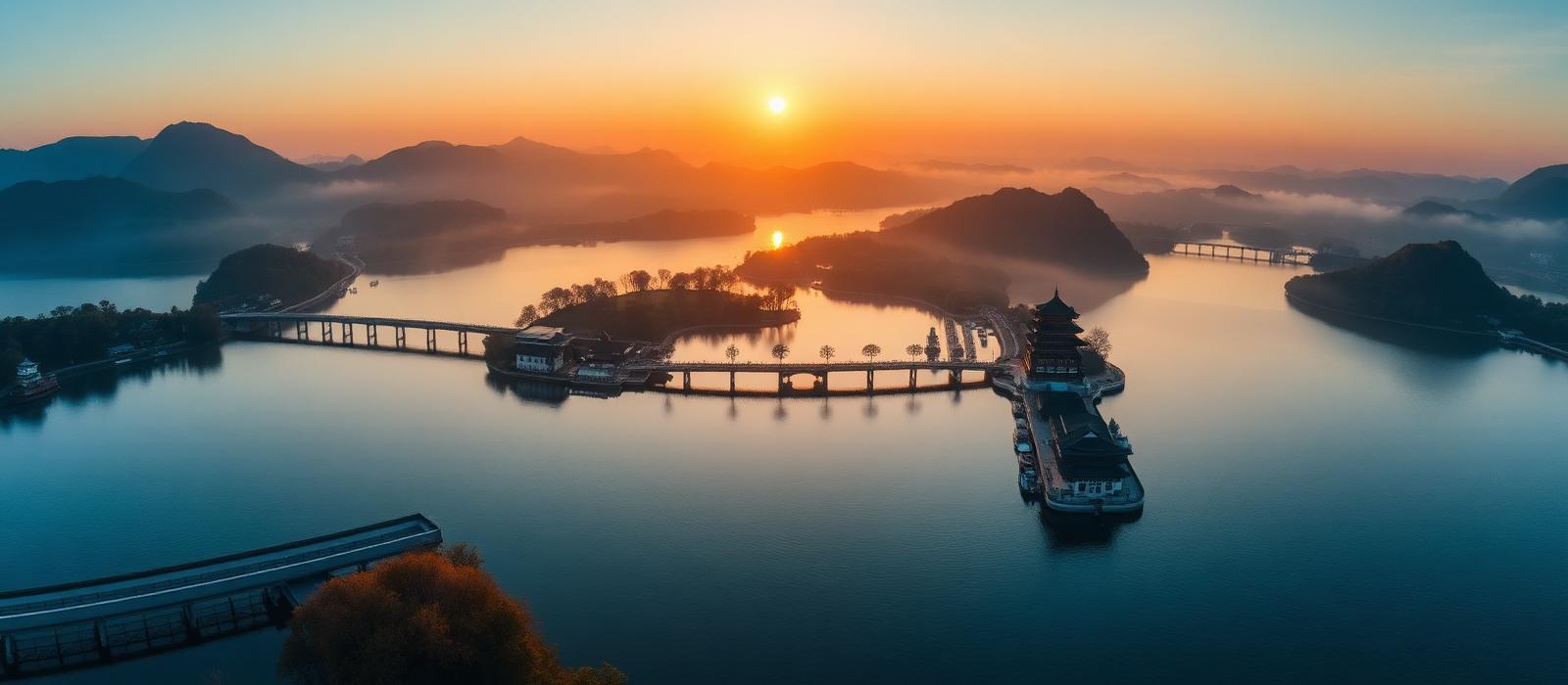 Aerial panoramic view of West Lake Hangzhou at golden hour with the Su Causeway, Leifeng Pagoda, the Three Pools Mirroring the Moon and misted hills
