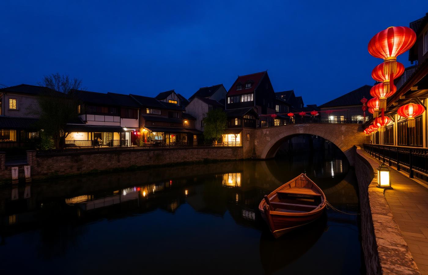 Wuzhen water town near Hangzhou at night with softly uplit Jiangnan canal houses, red lanterns reflected in the still canal, an arched stone bridge and a lone wooden boat