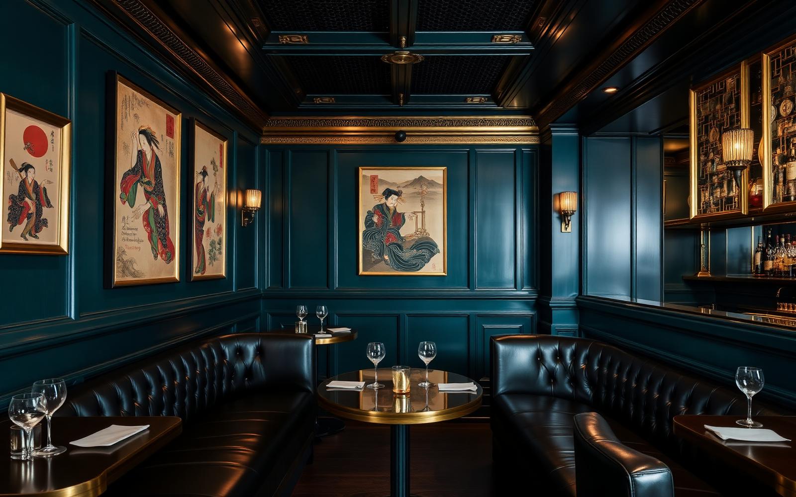 The Aubrey Japanese izakaya cocktail bar interior at Mandarin Oriental Hong Kong with dark teal walls and vintage Japanese art