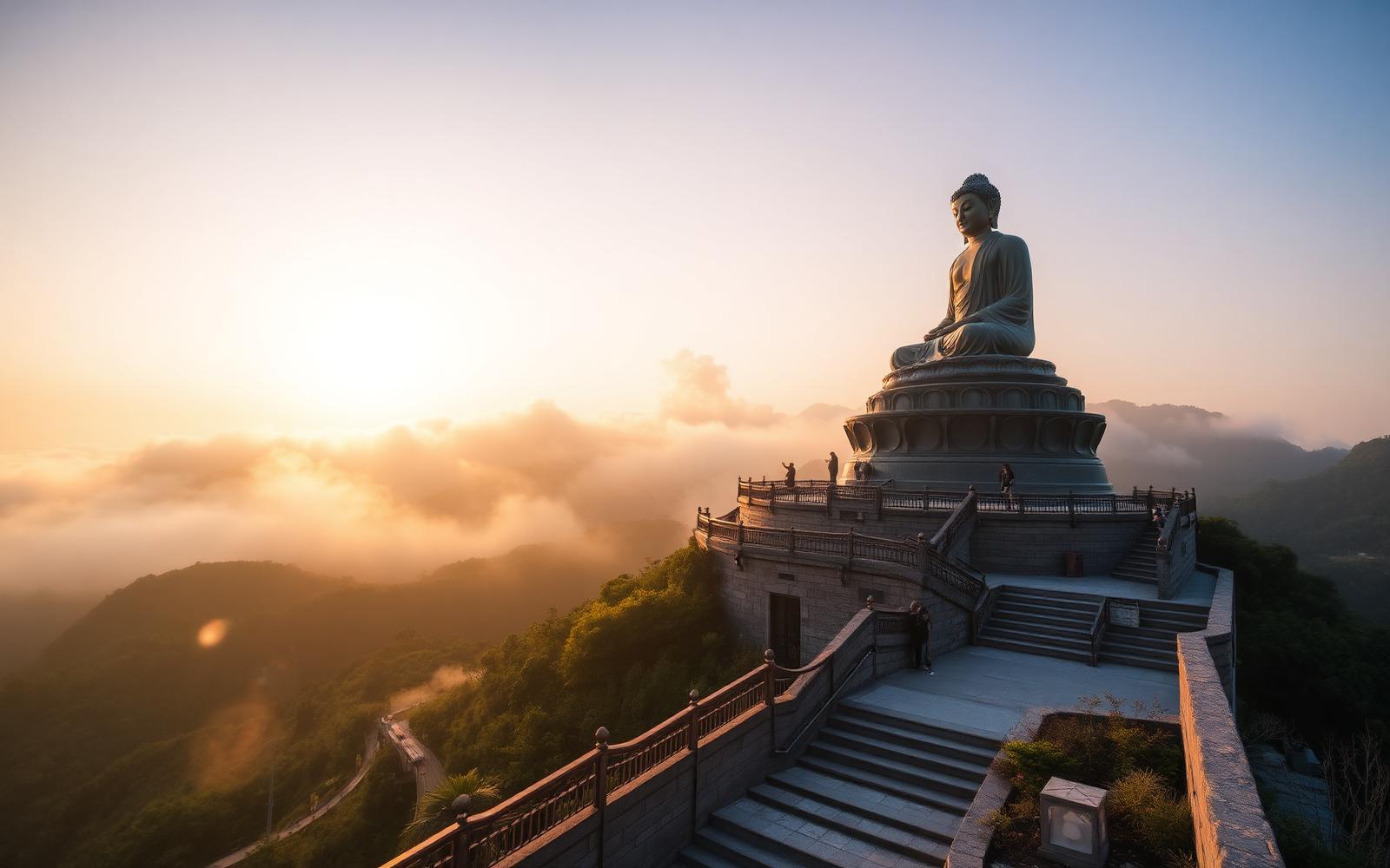 The Tian Tan Big Buddha on Lantau Island Hong Kong at golden hour with mist rising around the surrounding green hills