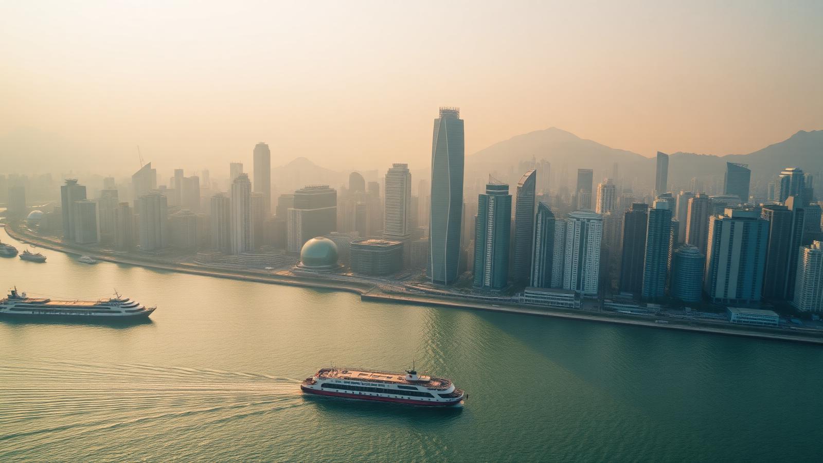 Aerial morning view of Victoria Harbour Hong Kong with the Central skyline and Star Ferry at golden hour