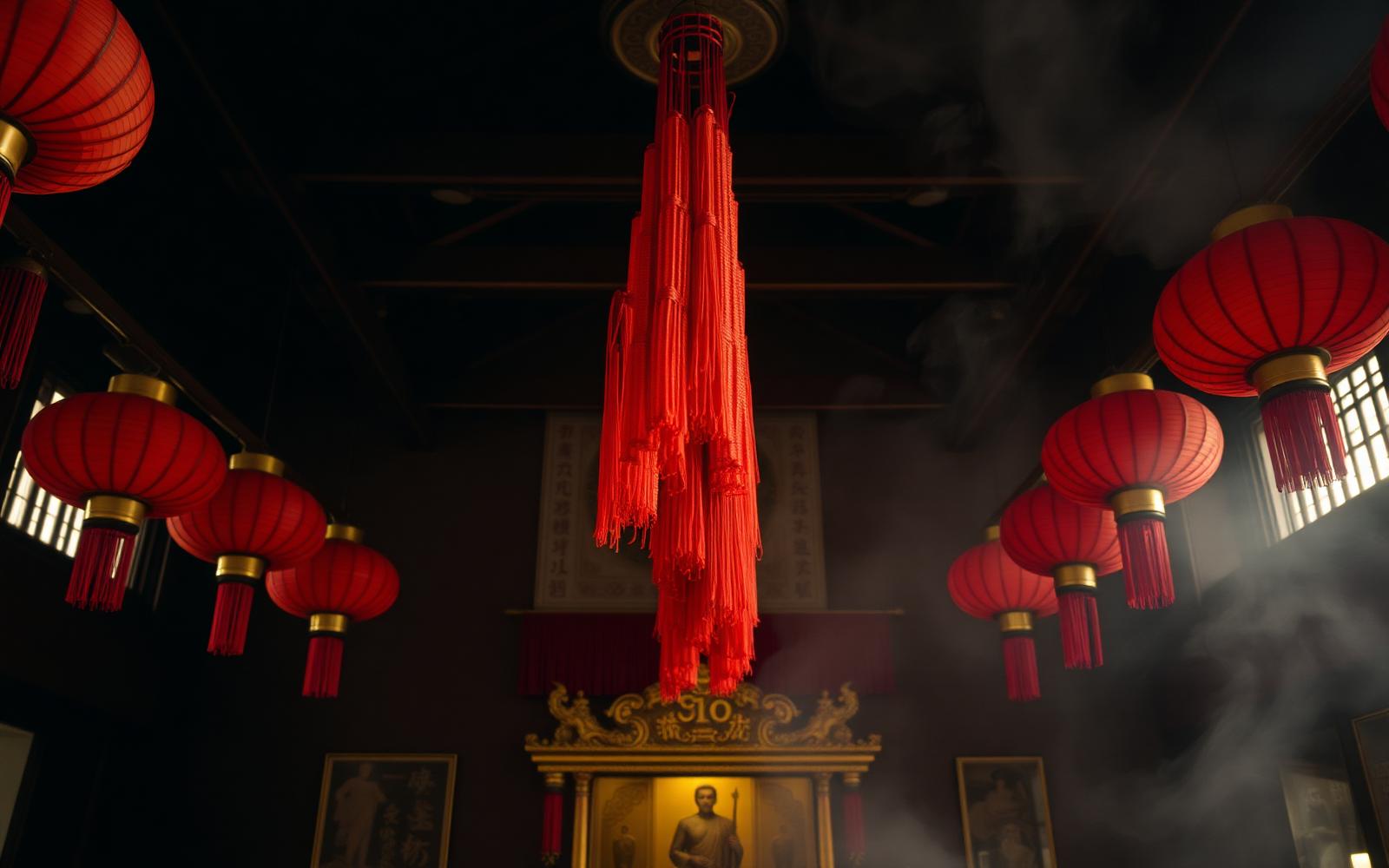 Interior of Man Mo Temple Sheung Wan Hong Kong with hanging coils of red incense and red lanterns under soft amber light
