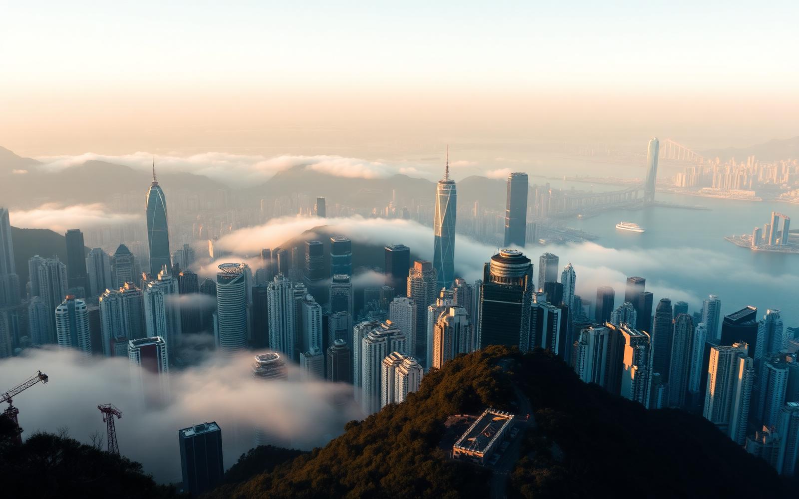 Victoria Peak Hong Kong at first light with mist between the towers of Central and the harbour beyond