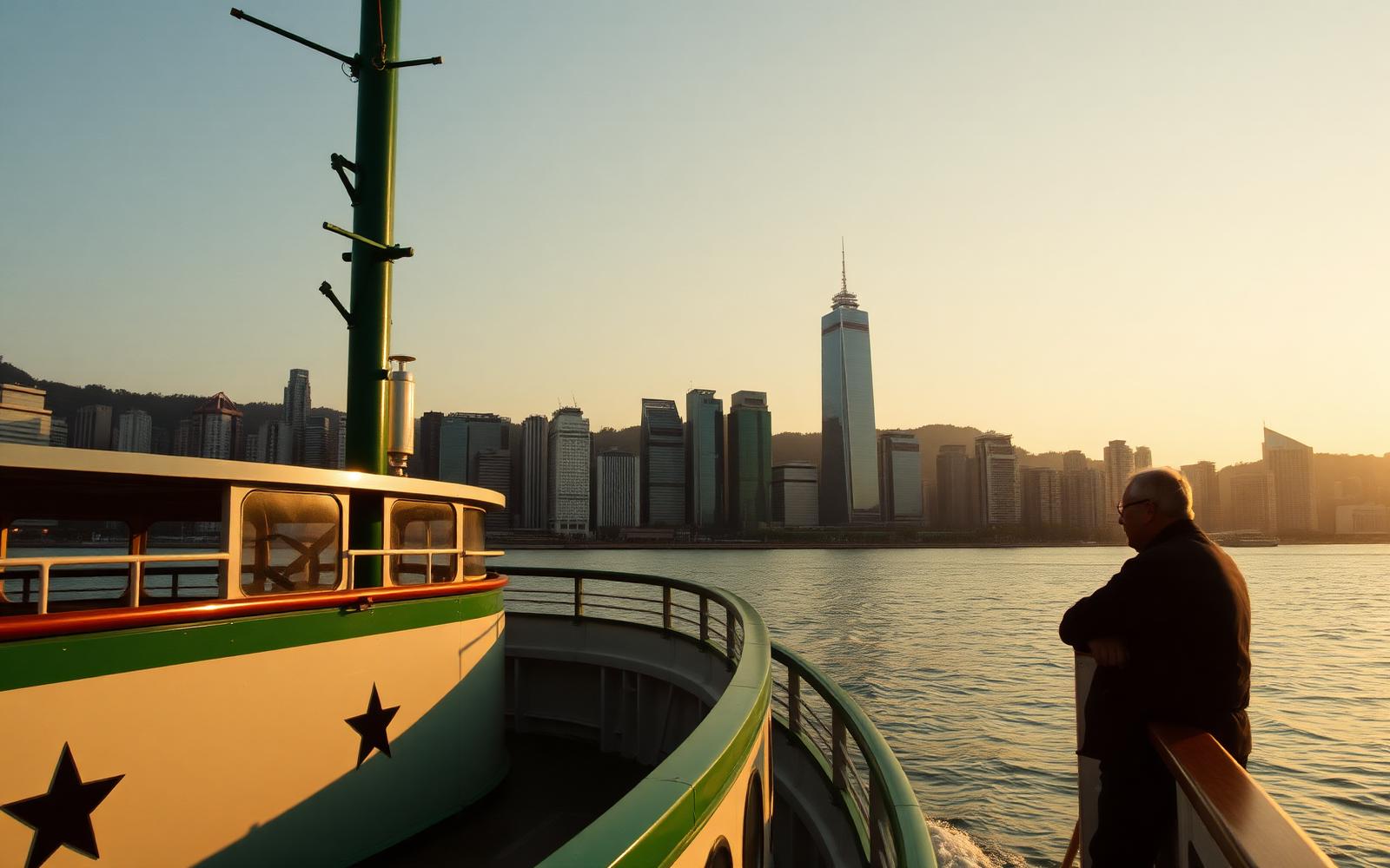 A vintage Star Ferry crossing Victoria Harbour Hong Kong at golden hour with the Central skyline catching warm light