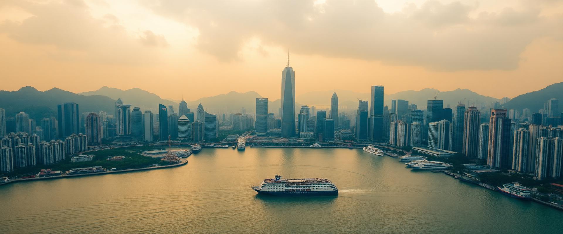 Panoramic aerial view of Victoria Harbour Hong Kong at golden hour with the Central and Kowloon skylines facing each other across the water