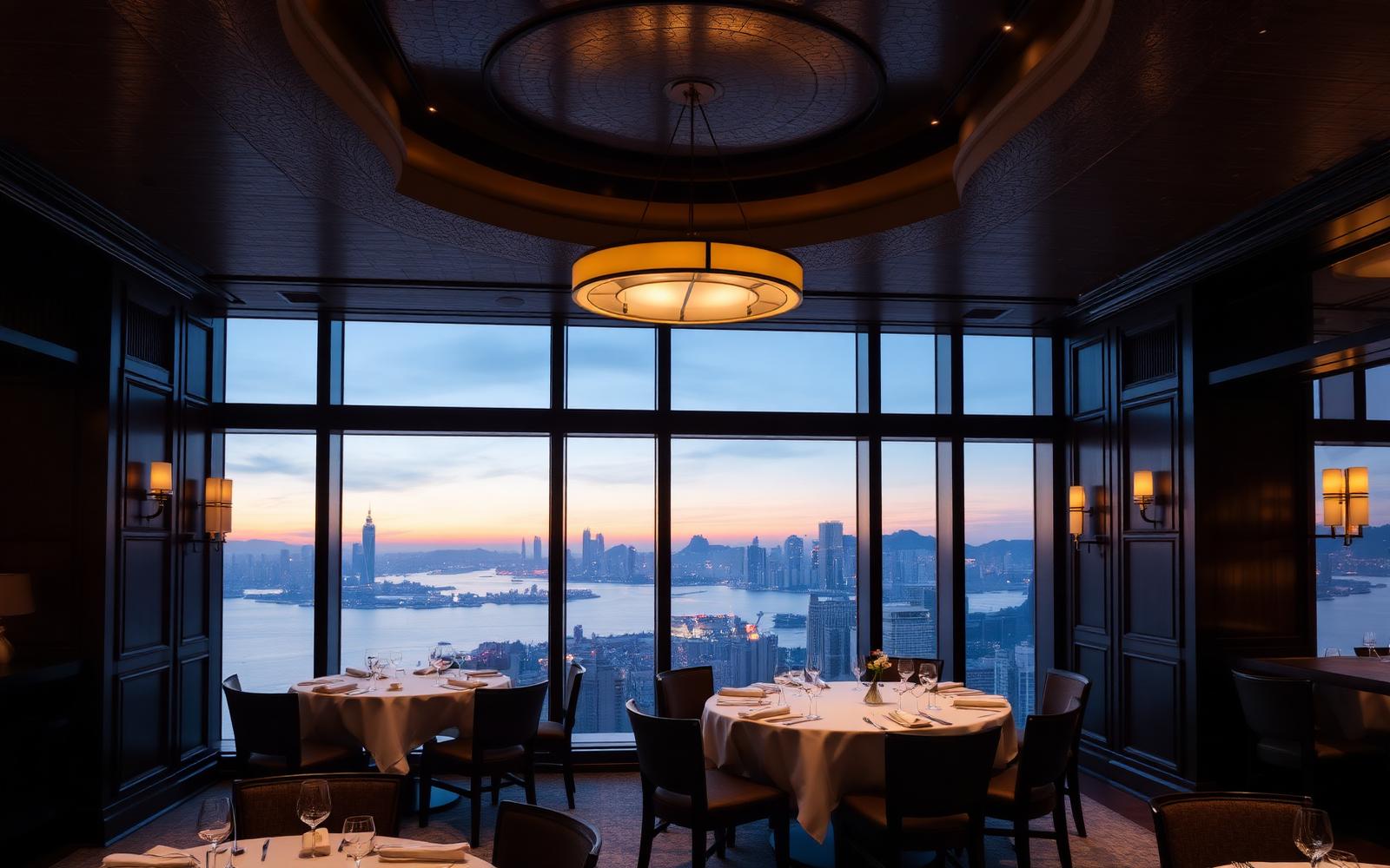 Lung King Heen three Michelin star Cantonese restaurant interior at Four Seasons Hong Kong with silver leaf walls and Victoria Harbour view at dusk