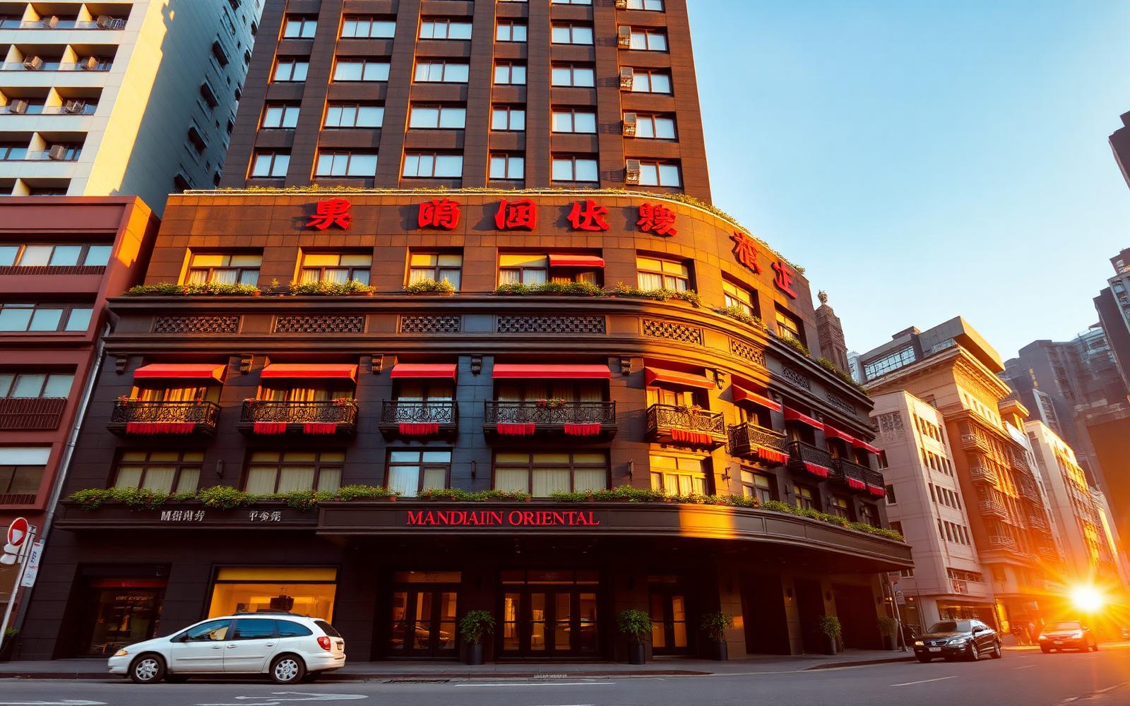 Mandarin Oriental Hong Kong hotel facade at golden hour in Central with the iconic dark stone tower and red signage