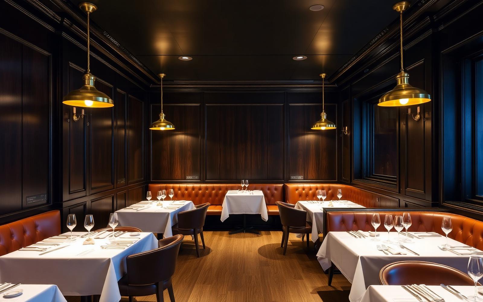 8 1/2 Otto e Mezzo Bombana refined Italian restaurant interior in Central Hong Kong with dark wood paneling and leather banquettes