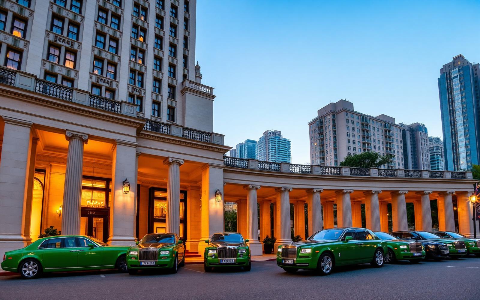 The Peninsula Hong Kong hotel facade at golden hour in Tsim Sha Tsui with the fleet of green Rolls-Royce Phantoms parked under the colonnade