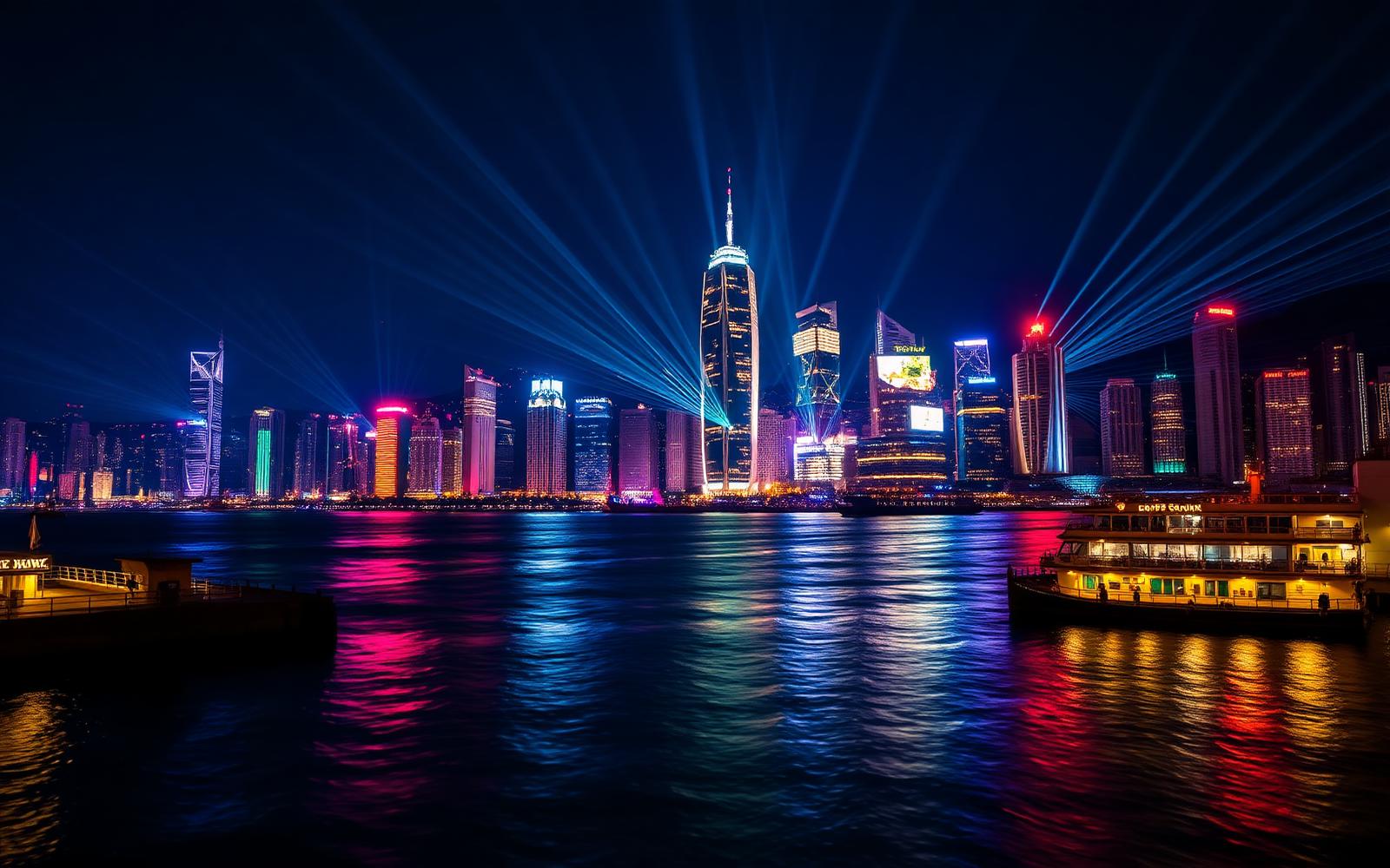 Symphony of Lights laser show over Victoria Harbour Hong Kong at night with the Central skyline reflected in the dark water from Tsim Sha Tsui