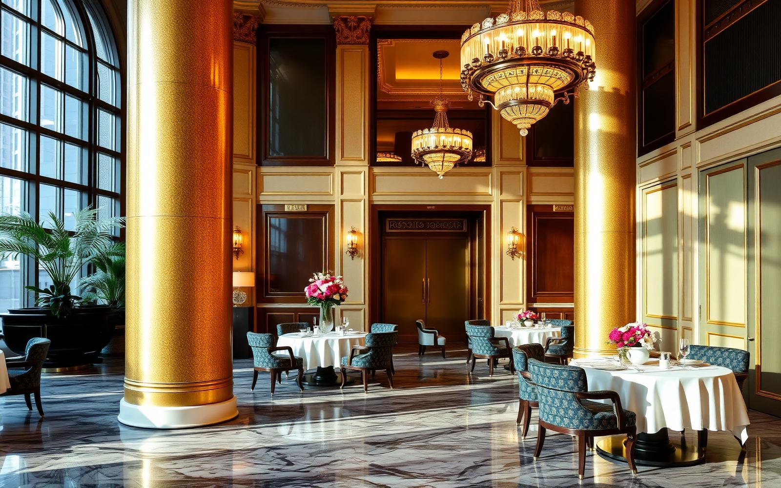 An elegant afternoon tea lounge inside The Peninsula Hong Kong lobby at golden hour with art-deco gilded columns and marble floor
