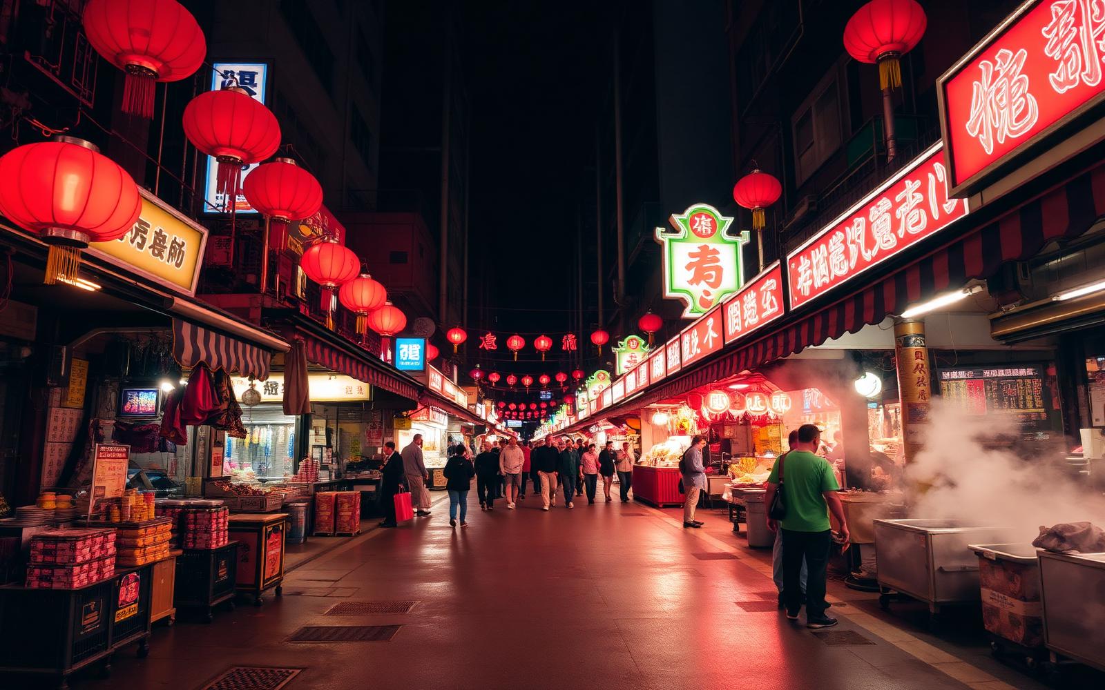 Temple Street Night Market in Kowloon Hong Kong at night with red lanterns and neon signs glowing above busy stalls and steam from dai pai dong