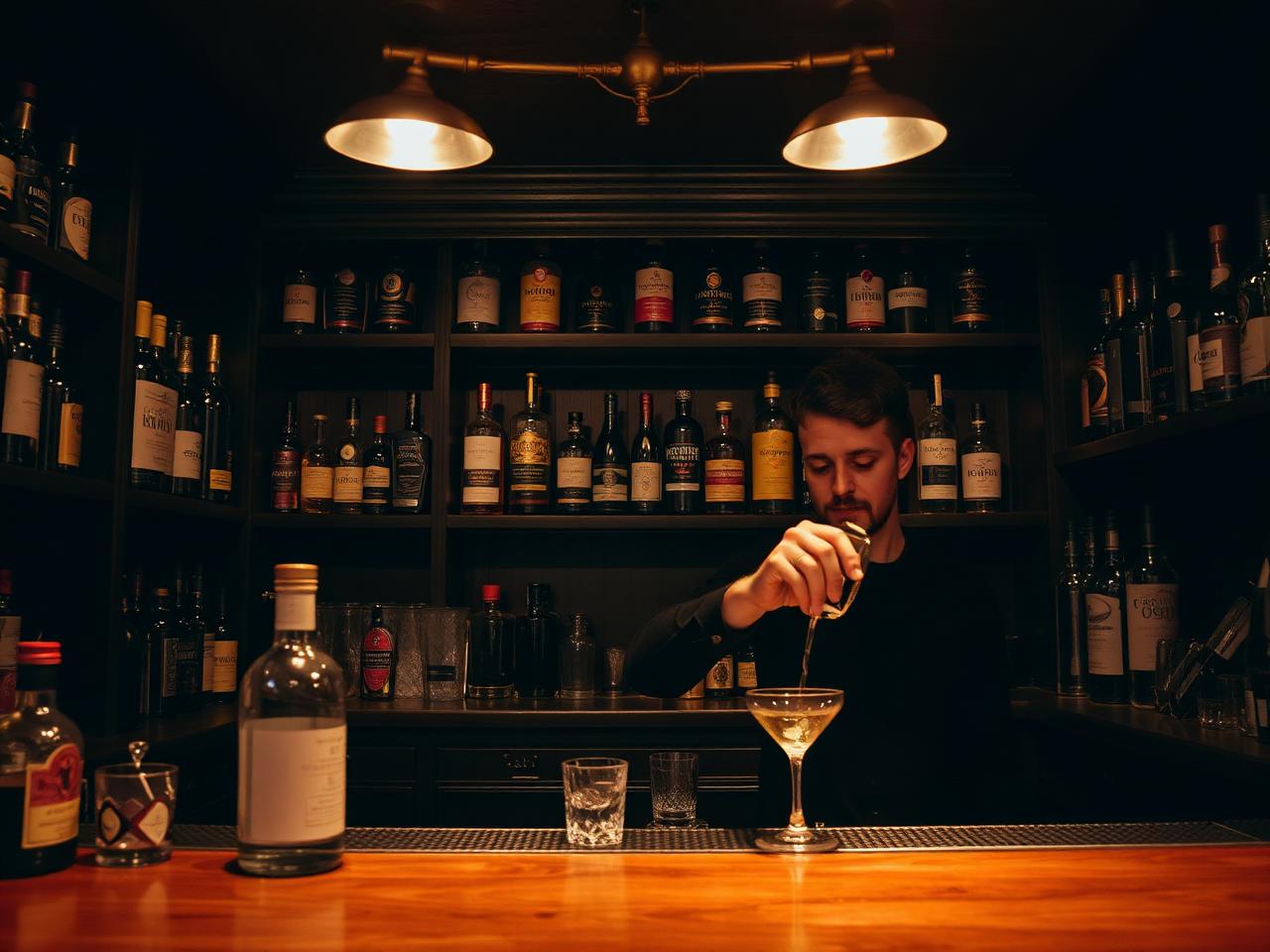 Bartender preparing a cocktail behind dark wood shelves of vintage spirits at Anvil