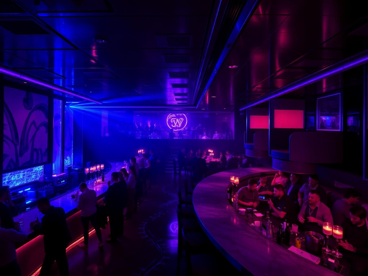 Upscale Houston nightclub with violet and blue lighting and elevated VIP booths