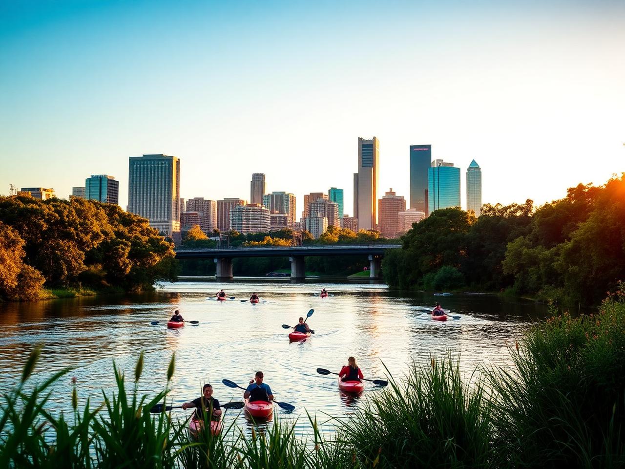 Kayakers on Buffalo Bayou with the Houston skyline behind at golden hour