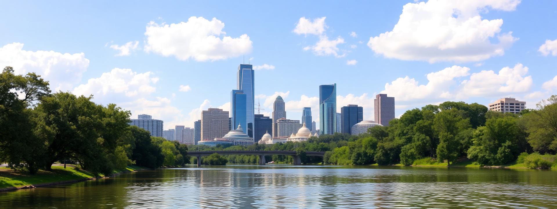 The Houston skyline seen from Buffalo Bayou Park on a bright sunny afternoon