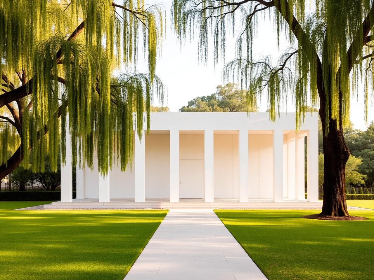Modernist white pavilion of the Menil Collection with cypress trees and a quiet lawn