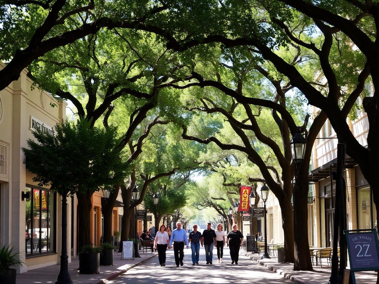 Tree-lined Rice Village street with cafés, boutiques and people walking