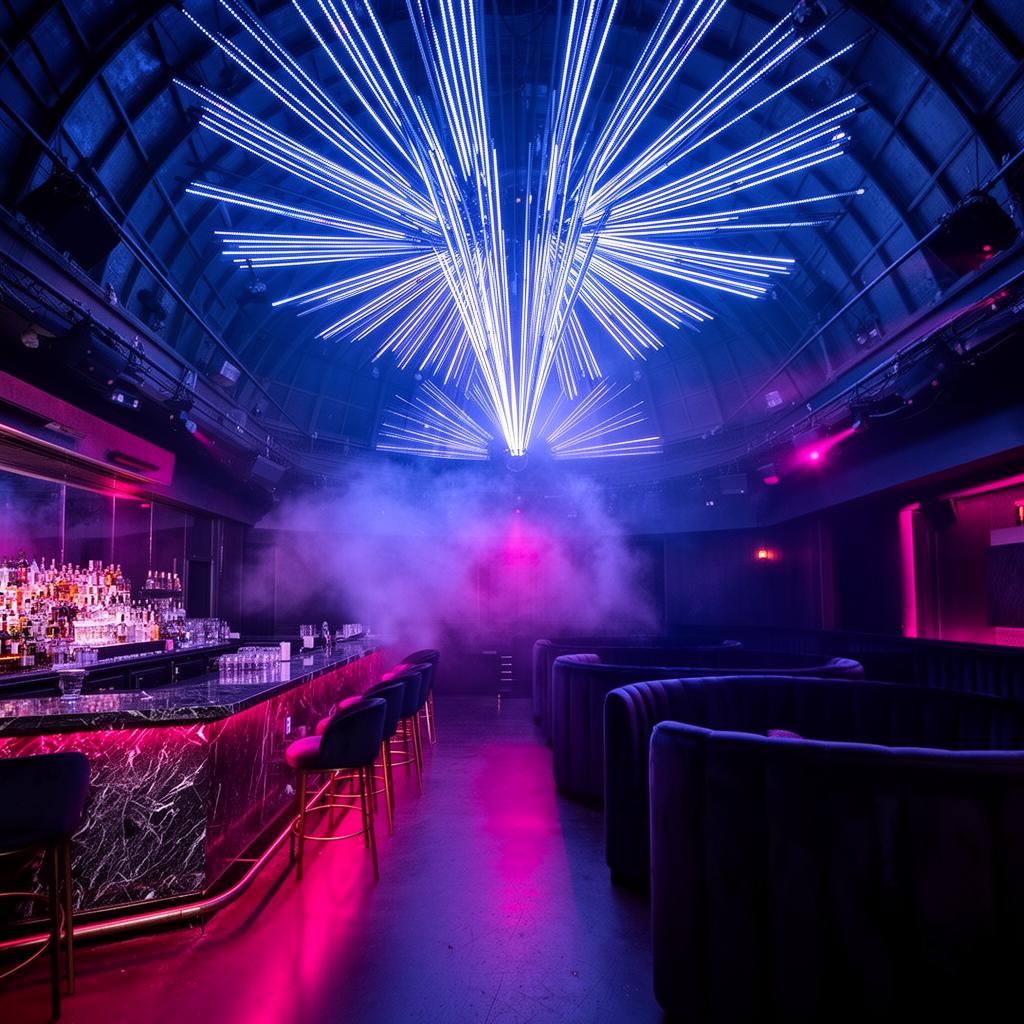 休斯顿 夜总会，拥有穹顶天花板、蓝紫灯光、大理石吧台和天鹅绒 VIP 卡座