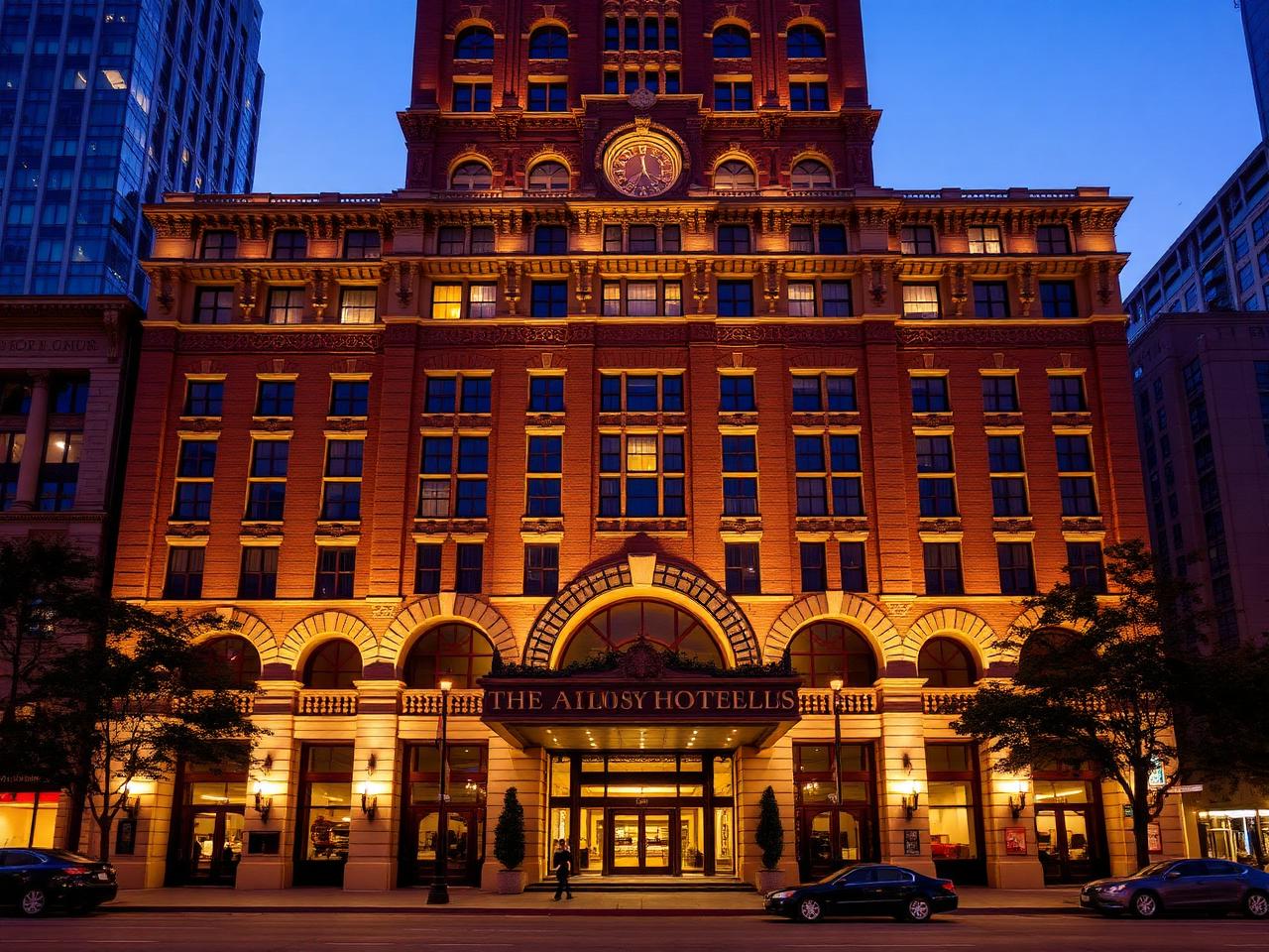 Historic illuminated stone façade of The Sam Houston Hotel at evening
