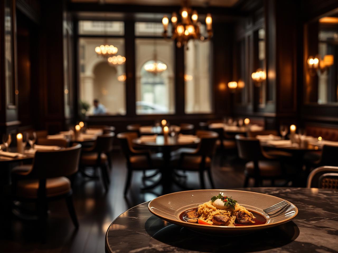 Elegant candlelit dining room at March Houston with a single plated course in foreground