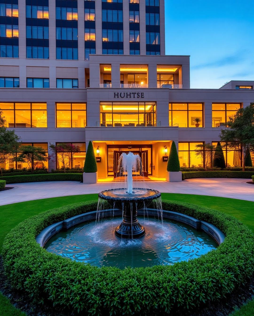 The luxurious façade of The Post Oak Hotel in Uptown Houston at dusk