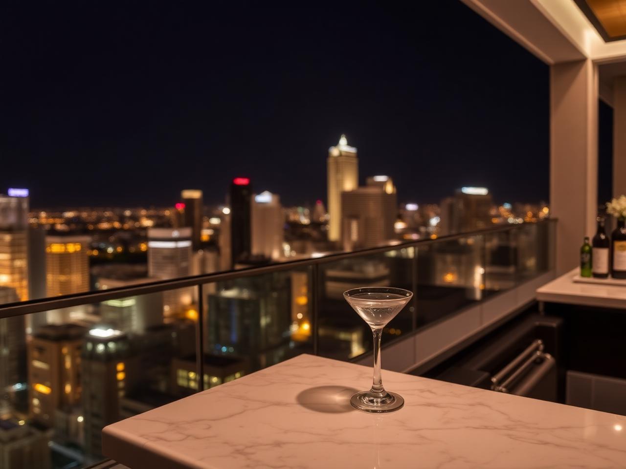 Elegant rooftop hotel bar with a coupe glass and Houston city lights at night