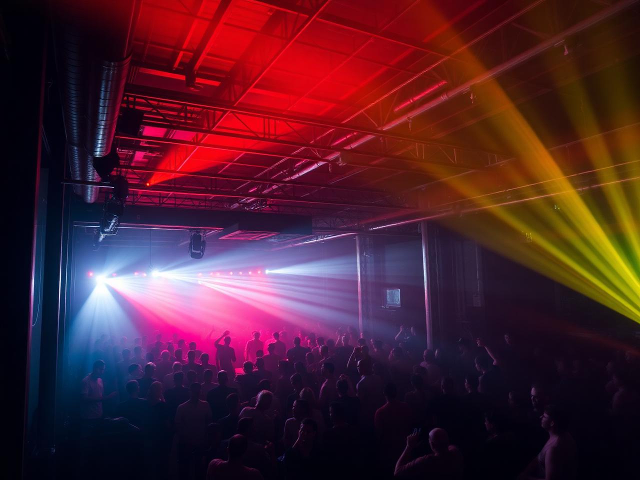 Industrial Houston club with red and amber lighting and a packed dance floor