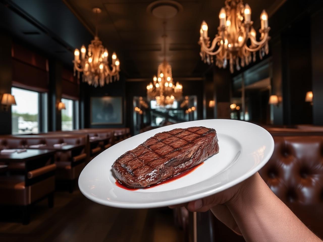 Dramatic chandelier-lit steakhouse interior with a dry-aged ribeye on a white plate