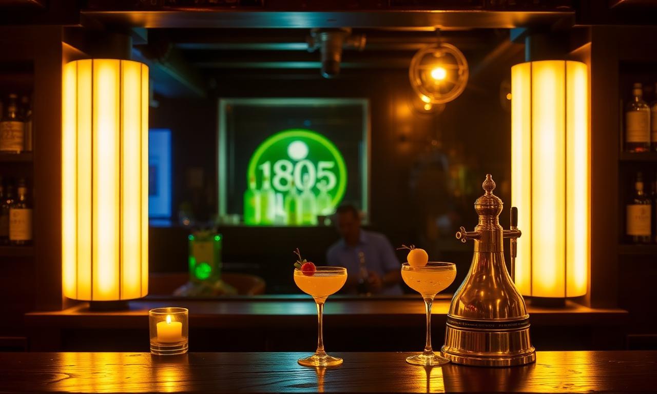 Bar 1805 Ibiza intimate cocktail bar with vintage pirate aesthetic, warm dim lighting, theatrical absinthe service and considered cocktails