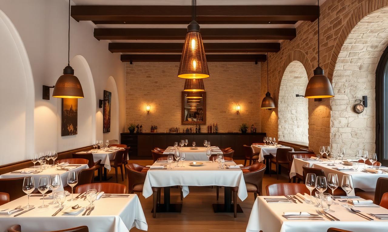 Cera 23 Ibiza refined modern Mediterranean fine dining interior with open kitchen, warm pendant lighting and beautifully plated Catalan cuisine