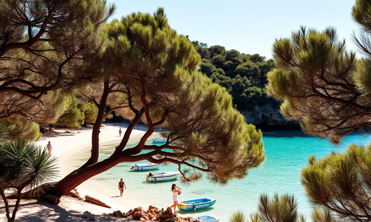 Cala Comte Ibiza pristine turquoise water cove with pine cliffs, refined sun loungers and Mediterranean view at golden hour