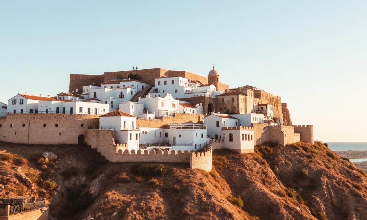 Dalt Vila Ibiza UNESCO walled old town with stone ramparts, cobbled lanes, cathedral on the hill and marina view in warm afternoon light