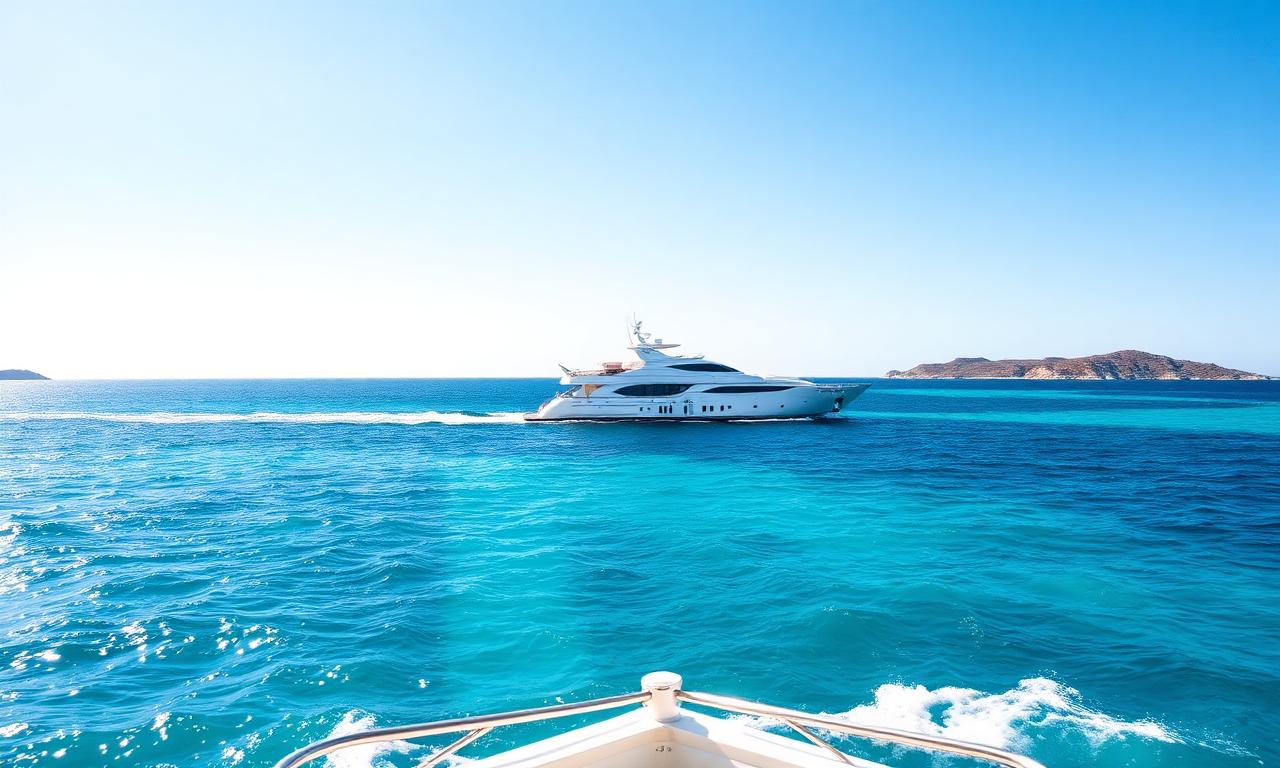 Formentera island Ses Illetes beach with refined wooden boat, white sand, turquoise Mediterranean water and pine trees in the distance